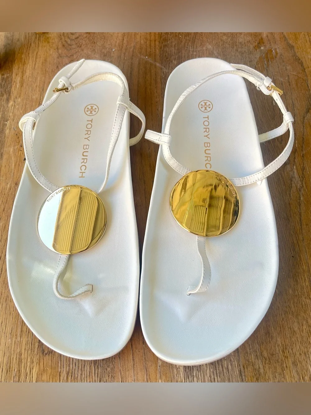NWB Tory Burch Patos Disk Leather Thong Sandals - New Ivory Gold Size 8
